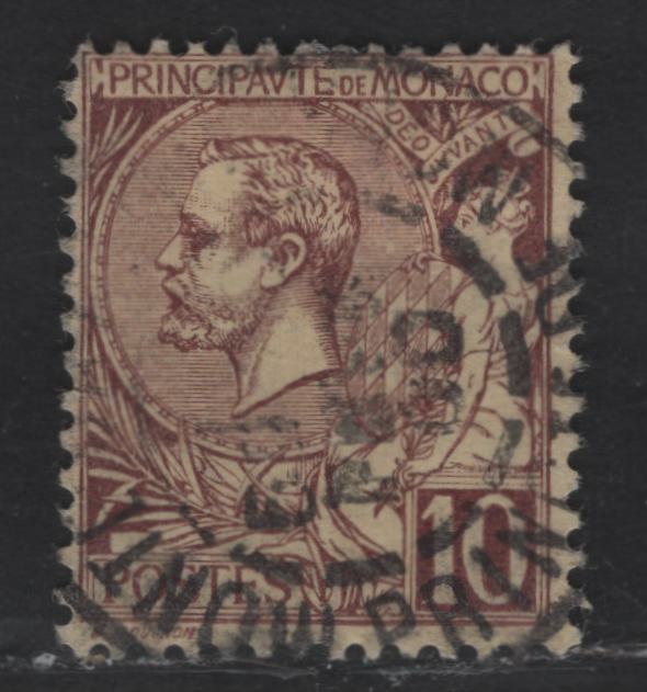 Monaco SC#15 10c Brown on Straw Prince Albert I, 1891-1921 Prince Albert I Sideface Issue, A Fine Used Single