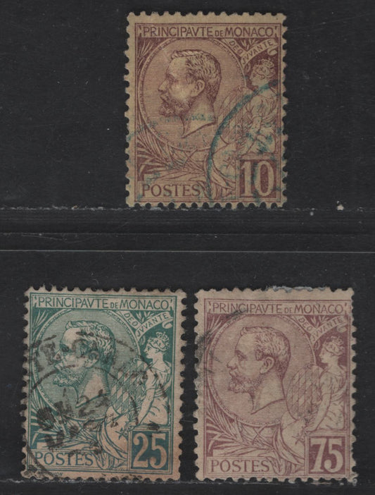 Lot 210 Monaco SC#15, 24, 20 10c - 75c Brown on Straw - Violet Brown on Buff Prince Albert I, 1891-1921 Prince Albert I Sideface Issue, 3 Very Good Used Singles, Some Short Perfs & Toning On 25c, Diagonal Crease On 10c