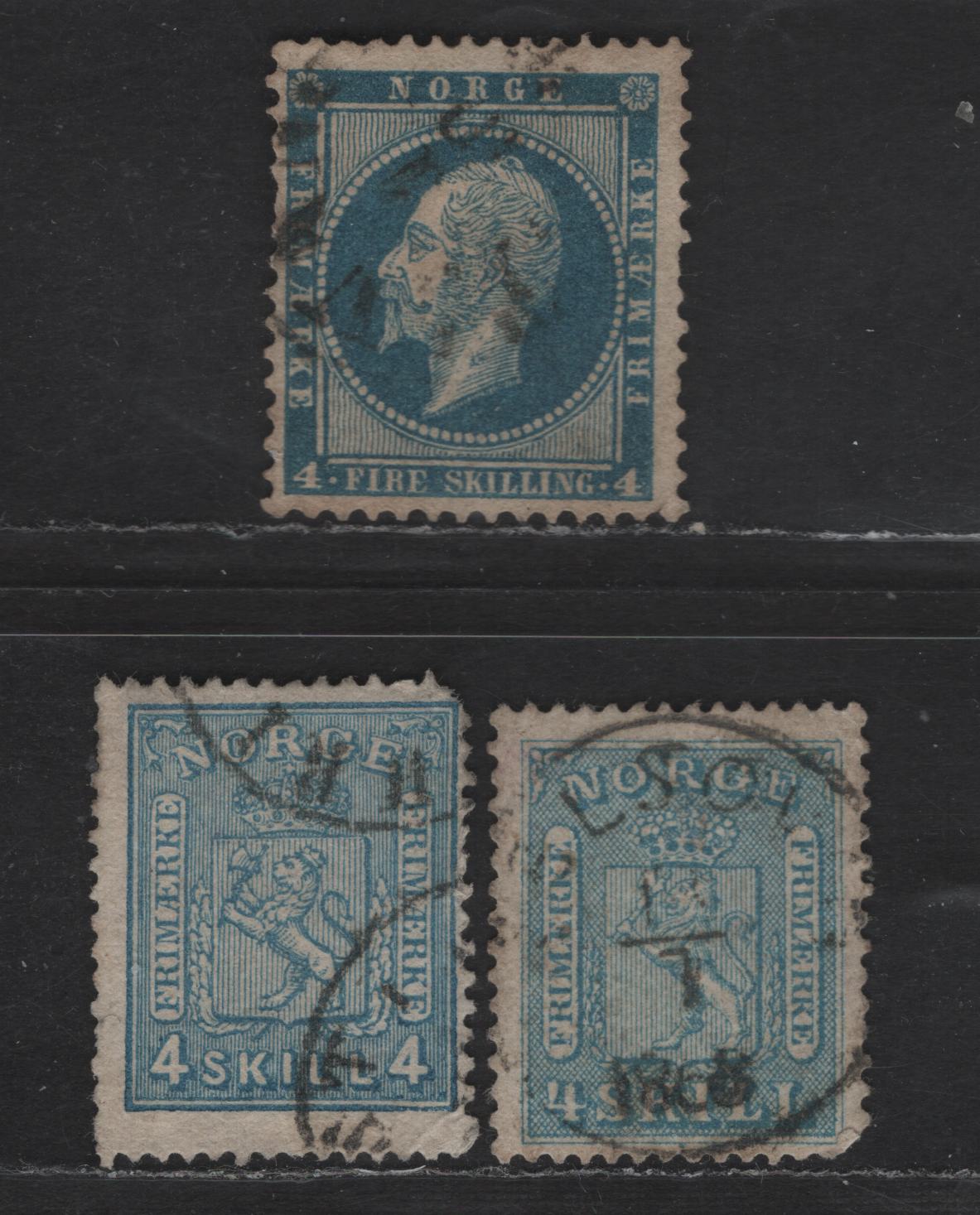 Lot 211 Norway SC#4d, 8a, 14 4s Greenish Blue & Blue Oscar I & Arms, 1856-1868 Oscar I & Arms Issues, 3 Very Good Used Singles