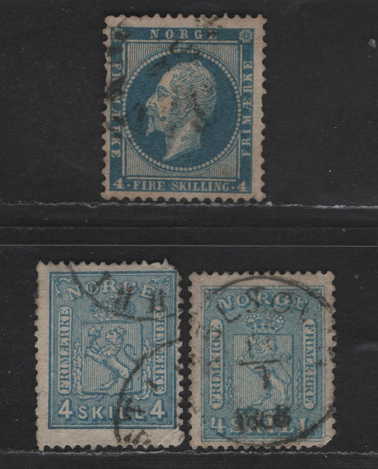 Lot 211 Norway SC#4d, 8a, 14 4s Greenish Blue & Blue Oscar I & Arms, 1856-1868 Oscar I & Arms Issues, 3 Very Good Used Singles