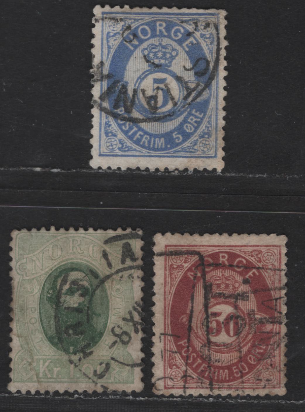 Lot 214 Norway SC#30, 32, 24 50o, 1k & 5o Maroon, Gray Green & Green and Ultramarine Posthorn, 1877-1878 Sans-Serif 'Norge' & Shaded Posthorn Issue, 3 Fine Used Singles