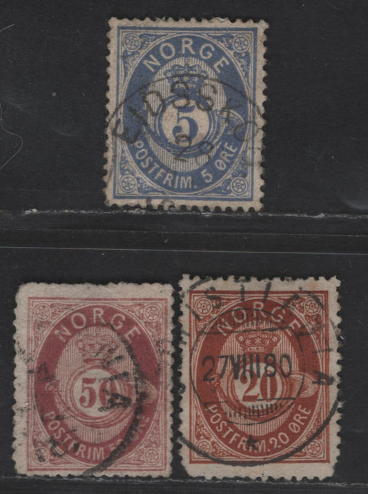 Lot 215 Norway SC#24a, 27, 30 5o - 50o Dull Blue - Maroon Posthorn, 1877-1878 Sans-Serif 'Norge' & Shaded Posthorn Issue, 3 Very Good Used Singles, Tear At Lower Left Of 5o