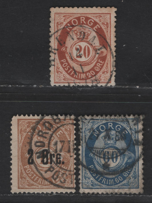 Norway SC#27, 31, 46a 2o - 2o on 12o Orange Brown - Bistre Brown Posthorn, 1877-1878 Sans-Serif 'Norge' & Shaded Posthorn Issue, 3 Fine Used Singles