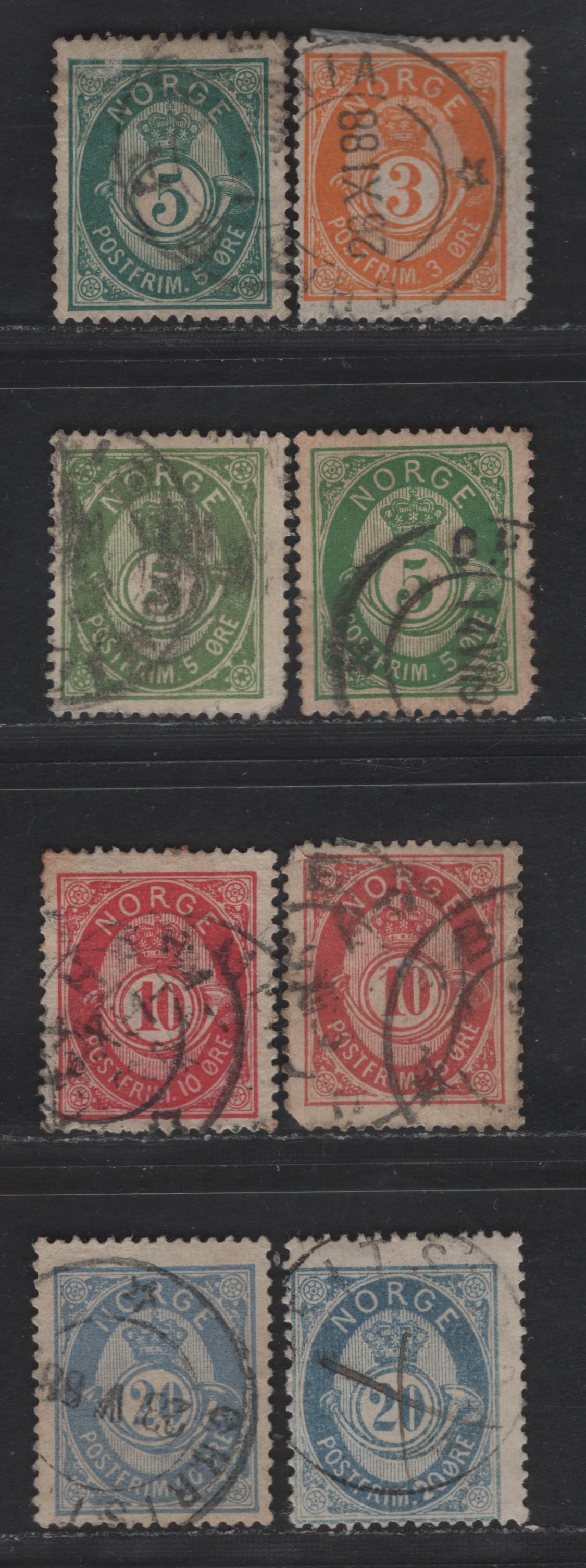 Norway SC#38a, 39, 39c, 40, 40b, 44 3o - 20o Orange - Blue Posthorn, 1882-1893 Sans-Serif 'Norge' Shaded & Unshaded Posthorn Issues, 8 Very Good Used Singles, Small Thin On One 20o