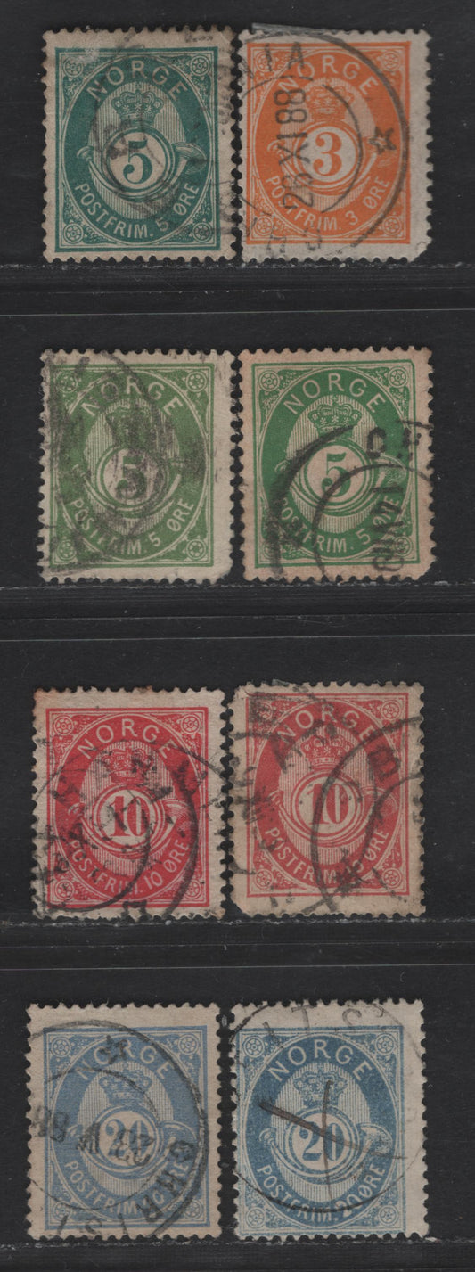 Norway SC#38a, 39, 39c, 40, 40b, 44 3o - 20o Orange - Blue Posthorn, 1882-1893 Sans-Serif 'Norge' Shaded & Unshaded Posthorn Issues, 8 Very Good Used Singles, Small Thin On One 20o