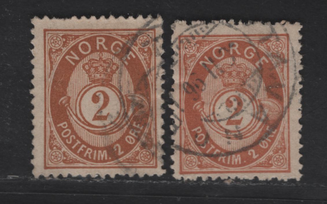 Norway SC#37 2o Brown & Orange Brown Posthorn, 1882-1893 Sans-Serif 'Norge' Unshaded Posthorn Issue, 2 Fine Used Singles, Two Shades