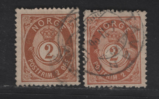 Lot 218 Norway SC#37 2o Brown & Orange Brown Posthorn, 1882-1893 Sans-Serif 'Norge' Unshaded Posthorn Issue, 2 Fine Used Singles, Two Shades