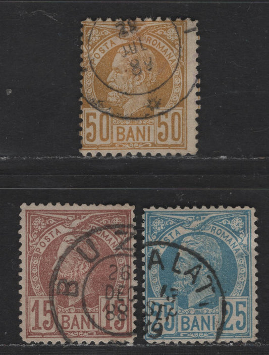 Lot 221 Romania SC#85, 87, 78 15b - 50b Red Brown on Pale Buff - Bistre on Pale Pull King Carol I, 1885-1889 King Carol Issue, 3 Fine Used Singles