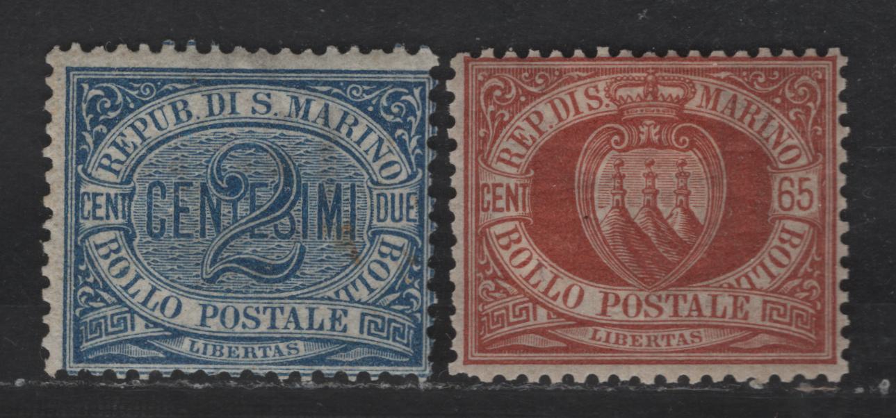 Lot 226 San Marino SC#2, 20 2c & 65c Blue & Red Brown Coat of Arms, 1877-1899 Coat of Arms Issue, 2 FOG Singles