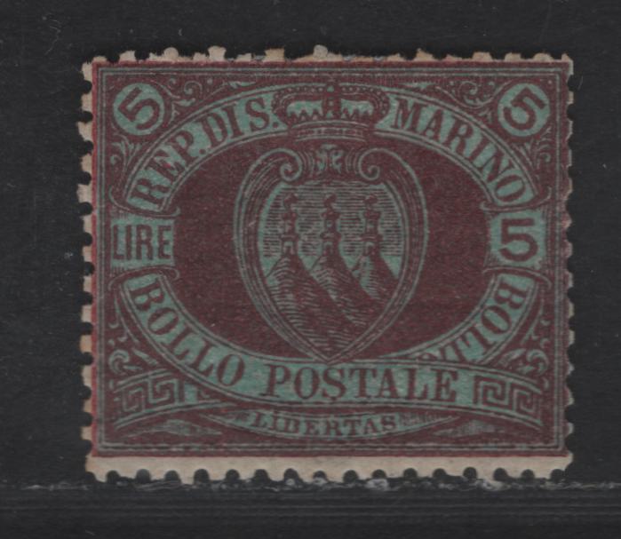 Lot 227 San Marino SC#24 5l Violet & Green Coat of Arms, 1877-1894 Coat of Arms Issue, A FOG Single
