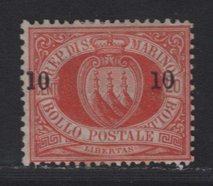 Lot 228 San Marino SC#28 10c on 20c Vermillion Coat of Arms, 1892 Coat of Arms Surcharged Issue, A VGOG Single