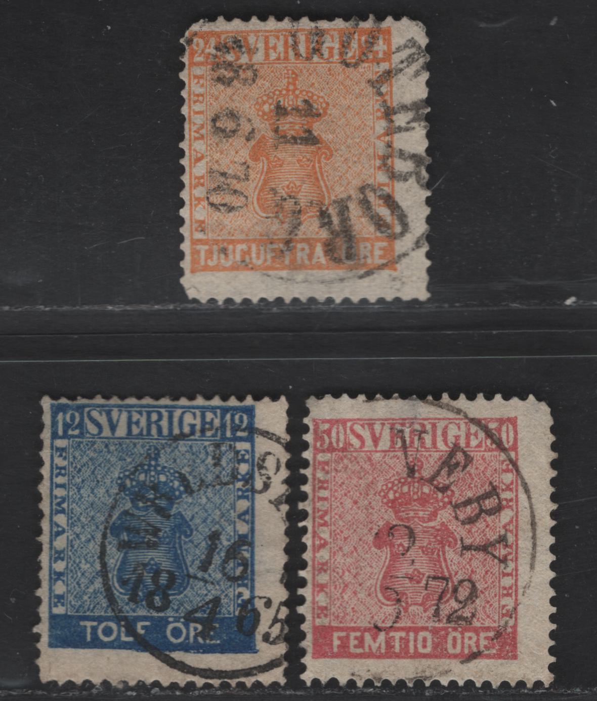 Lot 229 Sweden SC#8. 10a, 12 12o - 50o Blue - Rose Arms, 1858-1862 Arms Issue, 3 Very Good Used Singles, Reduction For Tear