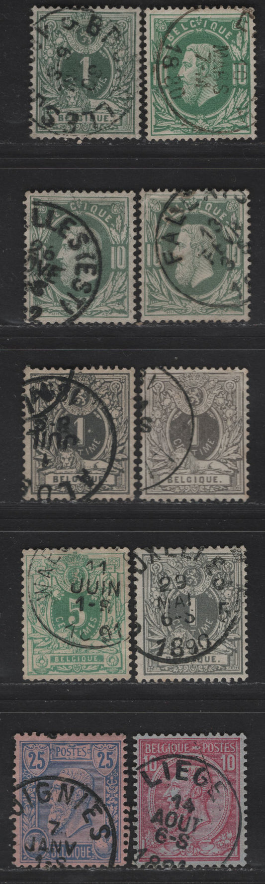 Lot 23 Belgium SC#32, 40, 43, 50, 51-52, 53a 1c - 25c Gray Green - Blue on Dark Rose Leopold II, 1869-1885 Leopold II Sideface Issue, 10 Very Fine Used Singles, VF Examples With Perfs Clear From The Design On All Sides, Some Shade Variations