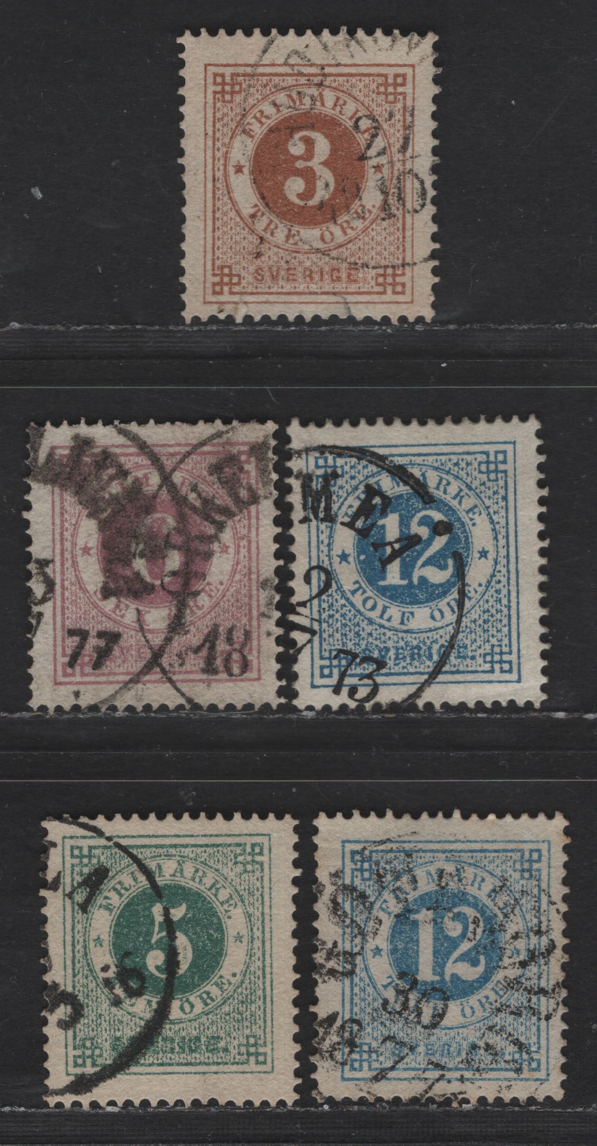 Sweden SC#17, 20, 22, 19 5o - 60o Blue Green - Violet Numeral, 1872-1877 Numeral Issue, 5 Very Fine Used Singles, Perf 14