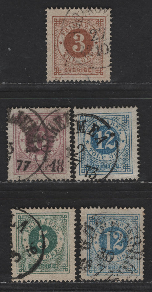 Lot 234 Sweden SC#17, 20, 22, 19 5o - 60o Blue Green - Violet Numeral, 1872-1877 Numeral Issue, 5 Very Fine Used Singles, Perf 14