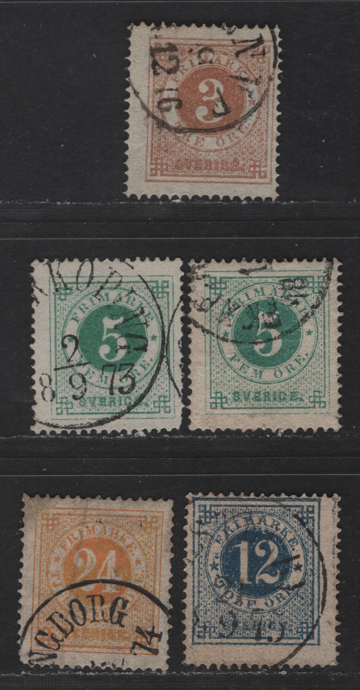 Lot 235 Sweden SC#17, 19, 22, 24a 3o - 24o Bistre Brown - Yellow Numeral, 1872-1877 Numeral Issue, 5 Fine Used Singles, Perf 14