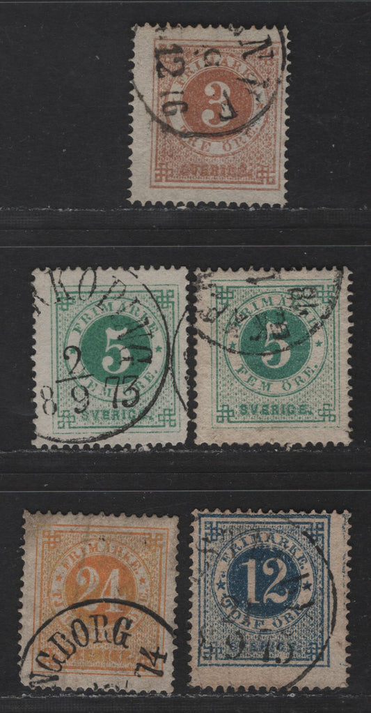 Lot 235 Sweden SC#17, 19, 22, 24a 3o - 24o Bistre Brown - Yellow Numeral, 1872-1877 Numeral Issue, 5 Fine Used Singles, Perf 14