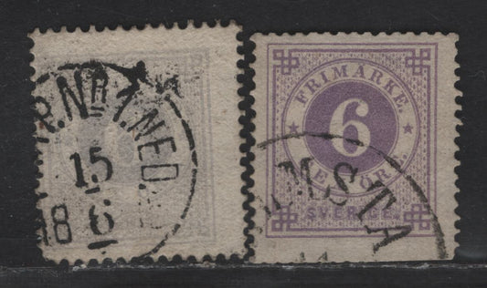 Lot 236 Sweden SC#20a, 21 6o Gray & Deep Violet Numeral, 1872-1877 Numeral Issue, 2 Good/Very Good Used Singles, Gray is Sound But Faded, Deep Violet Has Trimmed Bottom Margin