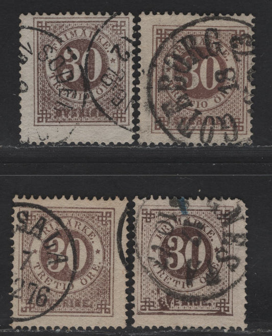 Lot 237 Sweden SC#25 30o Brown Numeral, 1872-1877 Numeral Issue, 4 Fine Used Singles, Four Different Shades, Perf 14