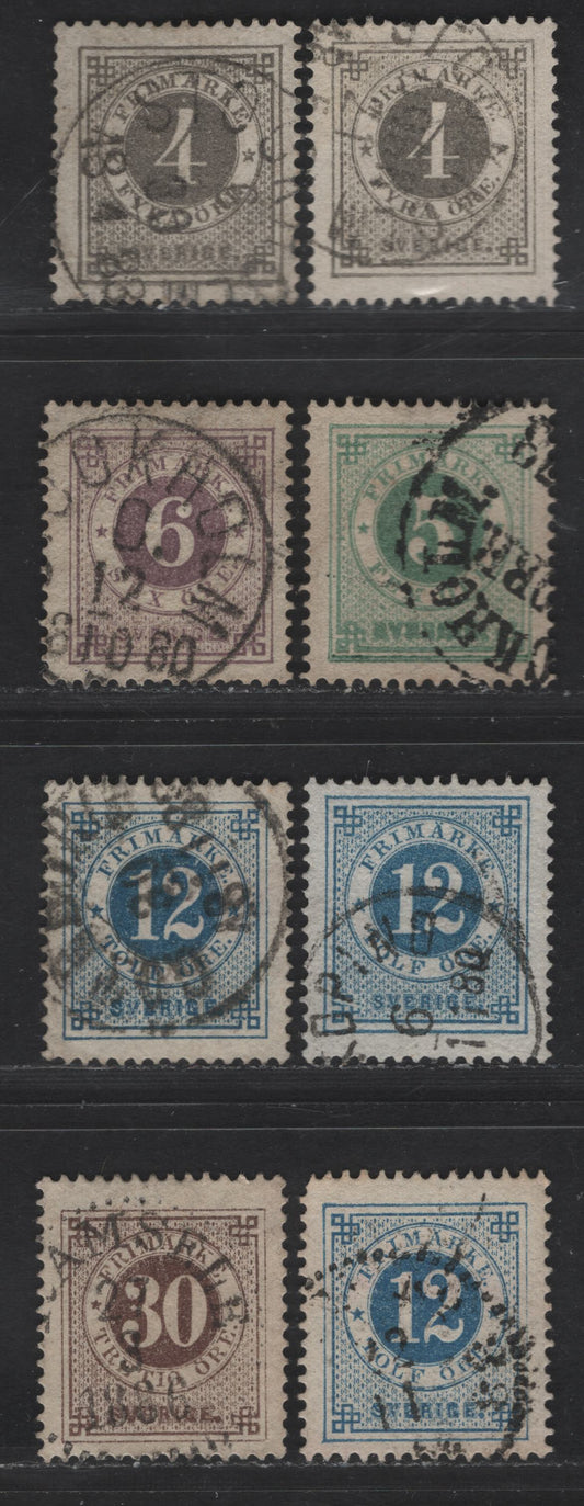 Lot 238 Sweden SC#29-30, 31d, 32, 35 4o - 30o Gray - Brown Numeral, 1877-1879 Numeral Issue, 8 Very Fine Used Singles, Perf 13