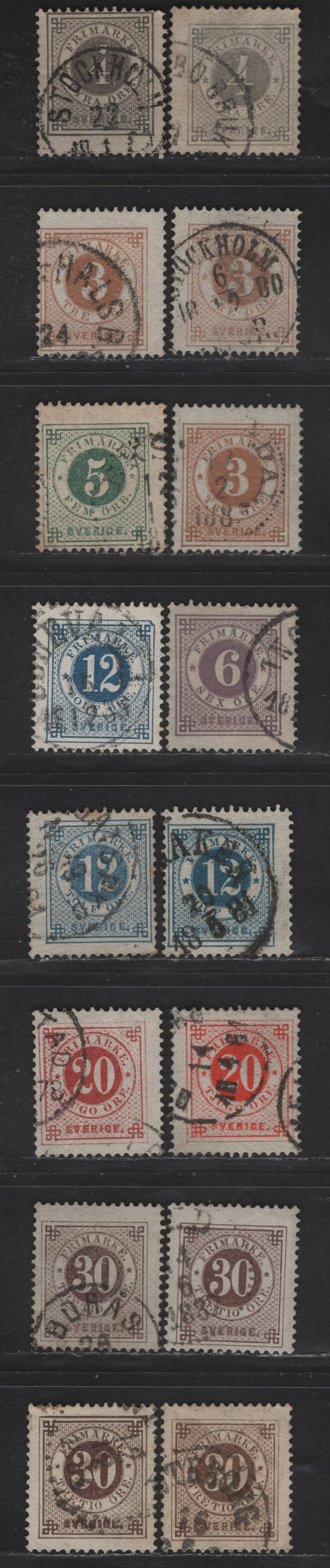 Lot 239 Sweden SC#28-30, 31c, 32, 33, 35 3o - 30o Yellow Brown - Brown Numeral, 1877-1879 Numeral Issue, 16 Fine Used Singles, Perf 13