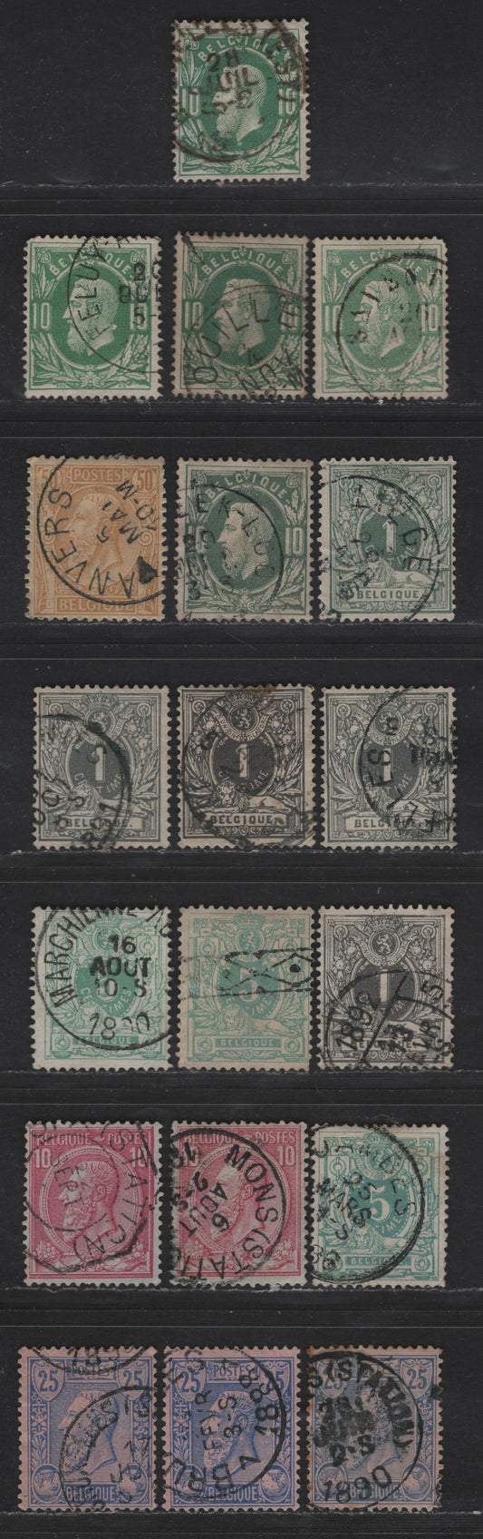Lot 24 Belgium SC#32, 40, 43, 58, 50, 51-53a 1c - 50c Gray Green - Bistre on Yellowish Leopold II & Numerals, 1869-1885 Leopold II Sideface & Numeral Issues, 20 Fine Used Singles, Shade Variations