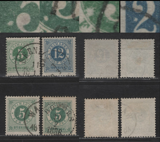 Lot 240 Sweden SC#30, 32 5o - 12o Dark Green - Blue Numeral, 1877-1879 Numeral Issue, 4 Fine/Very Fine Used Singles, Printing Flaws In Medallion