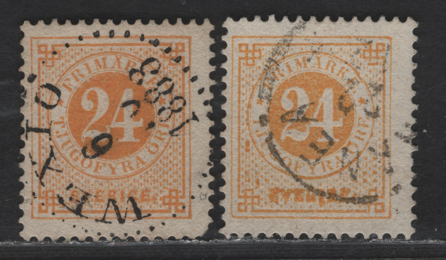 Lot 241 Sweden SC#34-a 24o Orange & Lemon Yellow Numeral, 1877-1879 Numeral Issue, 2 Fine Used Singles, Perf 13