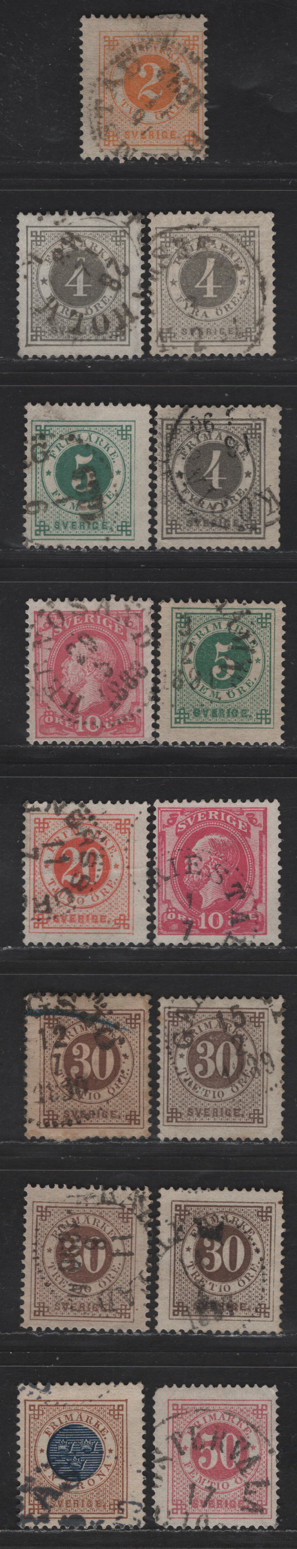 Sweden SC#40, 42-43, 45-a, 46-49 2o - 1k Orange - Bister & Dark Blue Numeral, 1886-1891 Numeral Issue With Posthorn On Back, 15 Fine Used Singles, Includes Several Shades