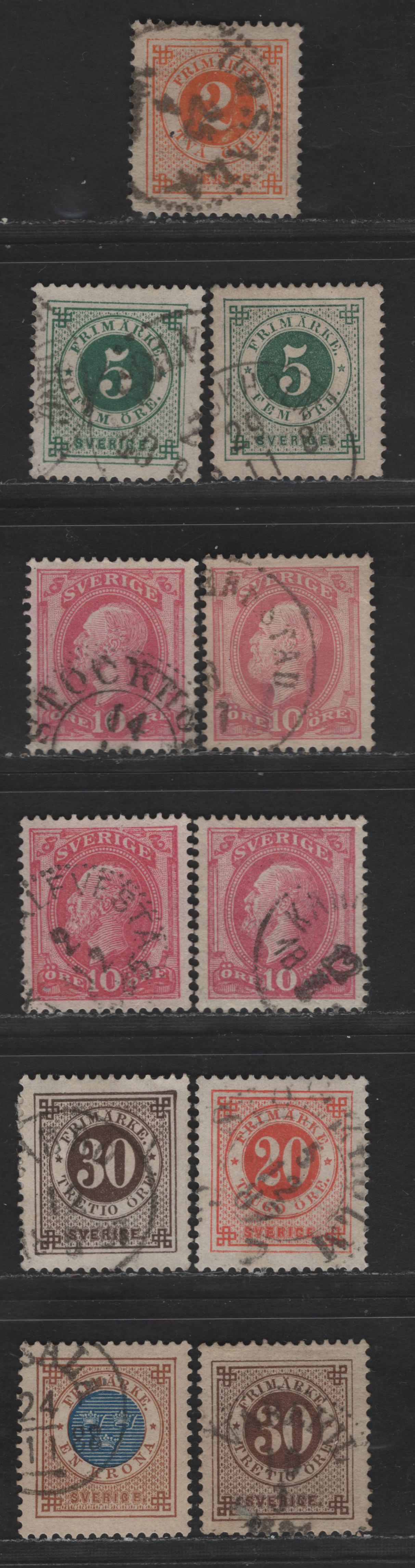 Lot 243 Sweden SC#40, 43, 45-a, 46-47, 49 2o - 1k Orange - Bistre & Dark Blue Numeral, 1886-1891 Numeral Issue With Posthorn On Back, 11 Very Fine Used Singles