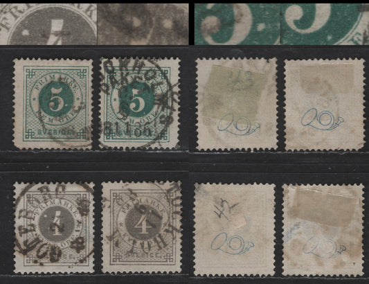 Lot 244 Sweden SC#42-43 4o - 5o Gray & Green Numeral, 1886-1891 Numeral Issue With Posthorn On Back, 4 Fine/Very Fine Used Singles, Printing Flaws In Medallion