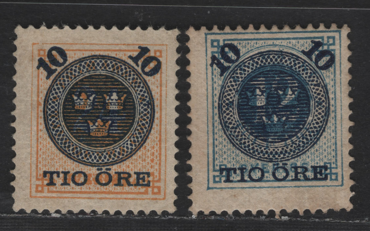 Lot 245 Sweden SC#50-51 10o on 12o - 10o on 24o Blue - Orange Numeral, 1889 Surcharged Numeral Issue, 2 FOG Singles