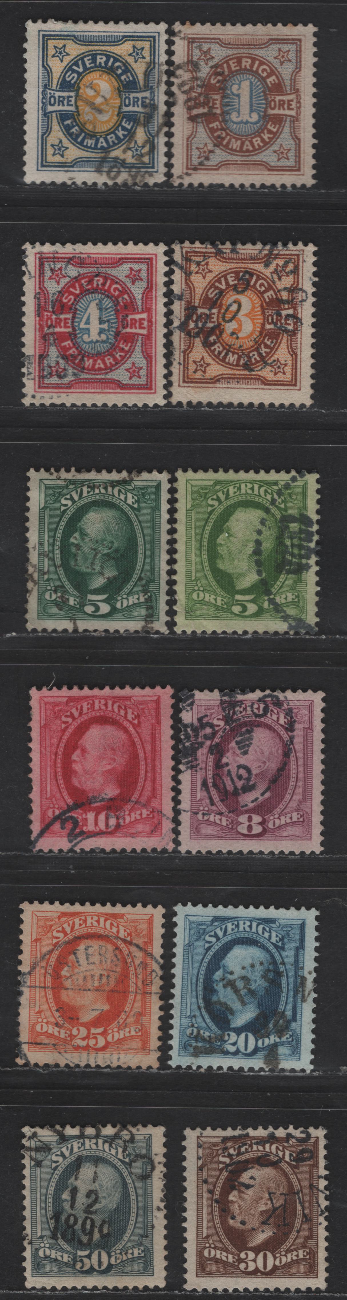 Lot 246 Sweden SC#52-56a, 57-58, 60-63 1o - 50o Brown & Ultramarine - Slate King Oscar II, 1891-1904 King Oscar II Issue, 12 Very Fine Used Singles
