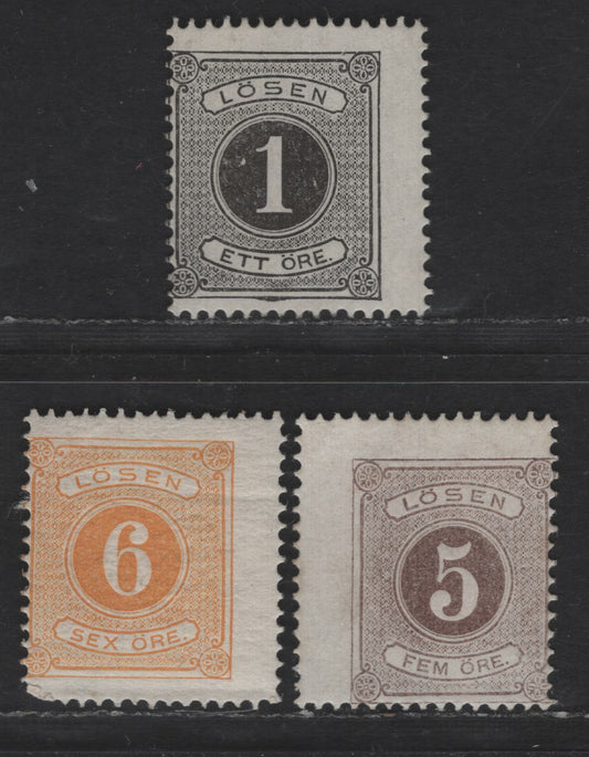 Lot 249 Sweden SC#J1, J3, J4 1c - 6c Black - Yellow Numeral, 1874 Postage Due, 3 VGOG Singles, Perf 14