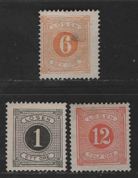 Lot 250 Sweden SC#J12, J15-J16 1o - 12o Black - Pale Red Numeral, 1877-1886 Postage Dues, 3 FOG Singles, Perf 13
