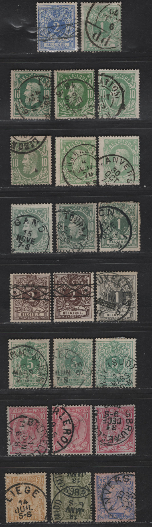Lot 25 Belgium SC#28-29, 32, 40, 43, 50, 55, 51, 52, 53a, 56, 58 1c - 50c Green - Bistre on Yellowish Leopold II, 1869-1885 Leopold II Sideface Issue, 23 Fine Used Singles, Shade Variations