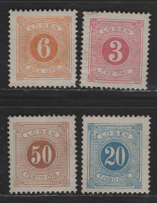 Lot 251 Sweden SC#J13, J15, J17, J21 3o - 50o Rose - Yellow Brown Numeral, 1877-1886 Postage Dues, 4 VFOG Singles, Perf 13