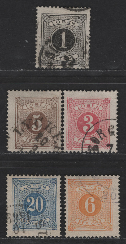 Lot 252 Sweden SC#J12-J15, J17 1c - 20c Black - Blue Numeral, 1877-1886 Postage Dues, 5 Fine Used Singles, Perf 13