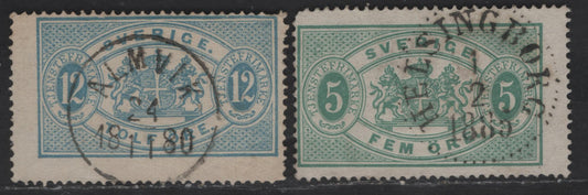 Lot 255 Sweden SC#O3, O6 5o - 12o Green - Blue Arms, 1874-1877 Arms Official Issue, 2 Fine Used Singles, Perf 14