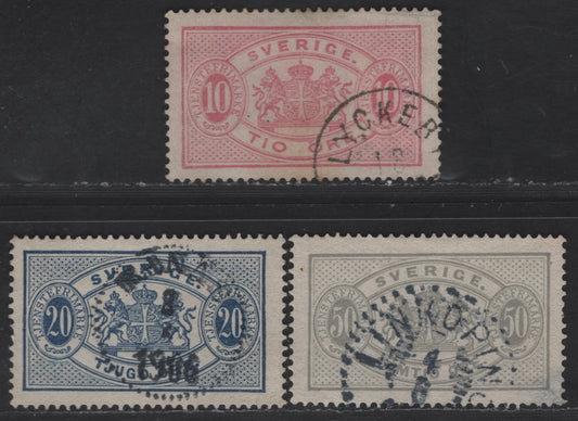 Lot 257 Sweden SC#O17b, O20, O24 10o - 50o Rose - Pale Gray Arms, 1881-1896 Arms Official Issue, 3 Very Fine Used Singles