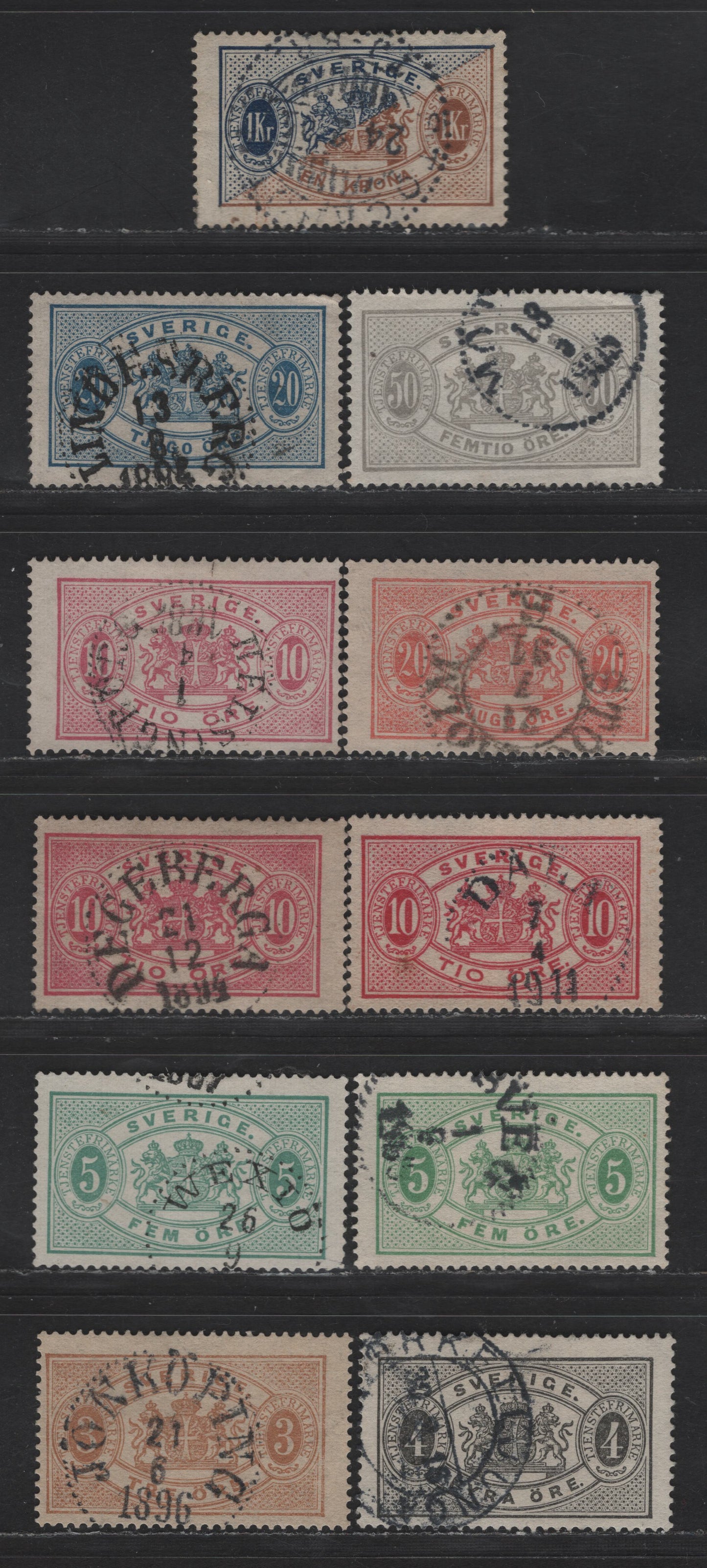 Lot 258 Sweden SC#O13-O15, O17-b, O20, O24, O25a 3o - 1k Bistre Brown - Dark Blue & Yellow Brown Arms, 1881-1896 Arms Official Issue, 11 Fine Used Singles, Perf 13