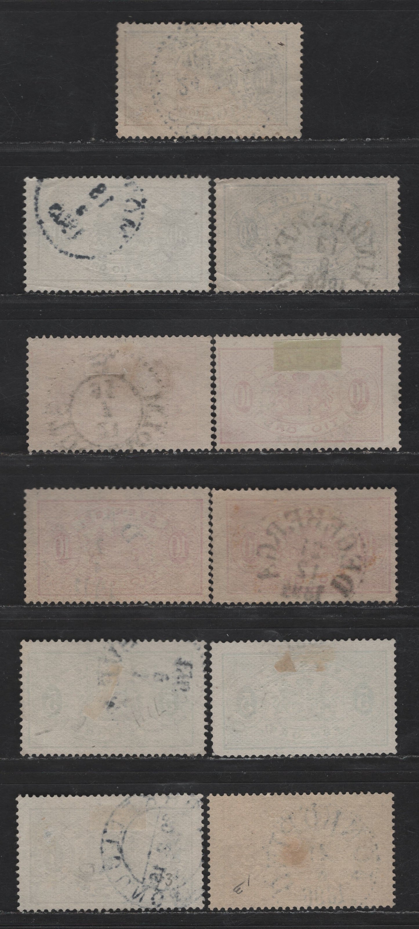 Lot 258 Sweden SC#O13-O15, O17-b, O20, O24, O25a 3o - 1k Bistre Brown - Dark Blue & Yellow Brown Arms, 1881-1896 Arms Official Issue, 11 Fine Used Singles, Perf 13