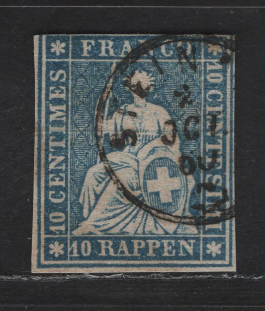 Lot 259 Switzerland SC#37 10r Blue Struebed, 1858-1862 Struebed Issue, A Very Good Used Single, Rough Impression, Green Silk Thread, Medium Paper, three Margins Just In At The Top