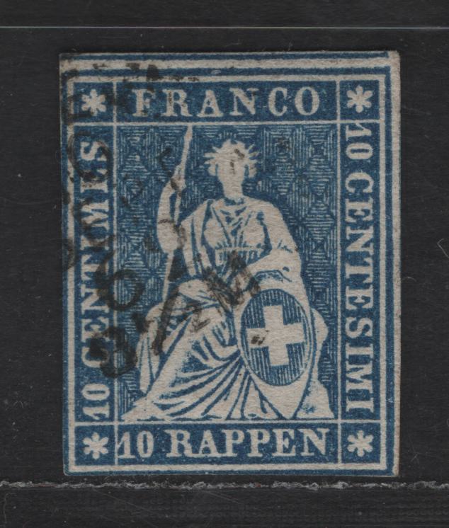 Lot 260 Switzerland SC#37c 10r Dark Blue Struebed, 1858-1862 Struebed Issue, A Fine Used Single, Rough Impression, Green Silk Thread, Medium Paper, Two Full Margins, Rest Just Touching