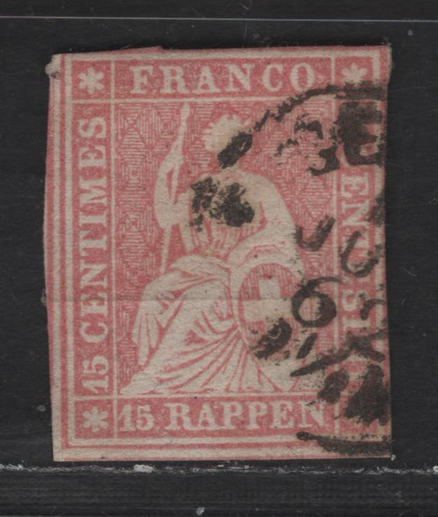 Lot 261 Switzerland SC#38a, 39, 39c, 40, 40b, 44 15r Pale Rose Struebed, 1858-1862 Struebed Issue, A Fine Used Single, Rough Impression, Green Silk Thread, Medium Paper, Two Margins, Just Touching On Two