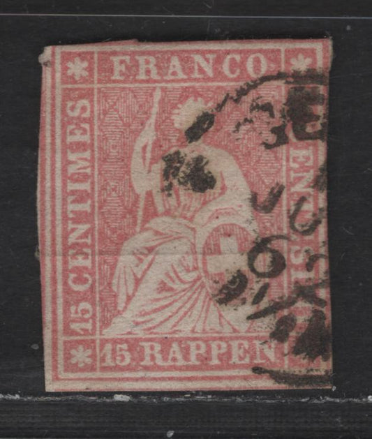 Lot 261 Switzerland SC#38a, 39, 39c, 40, 40b, 44 15r Pale Rose Struebed, 1858-1862 Struebed Issue, A Fine Used Single, Rough Impression, Green Silk Thread, Medium Paper, Two Margins, Just Touching On Two