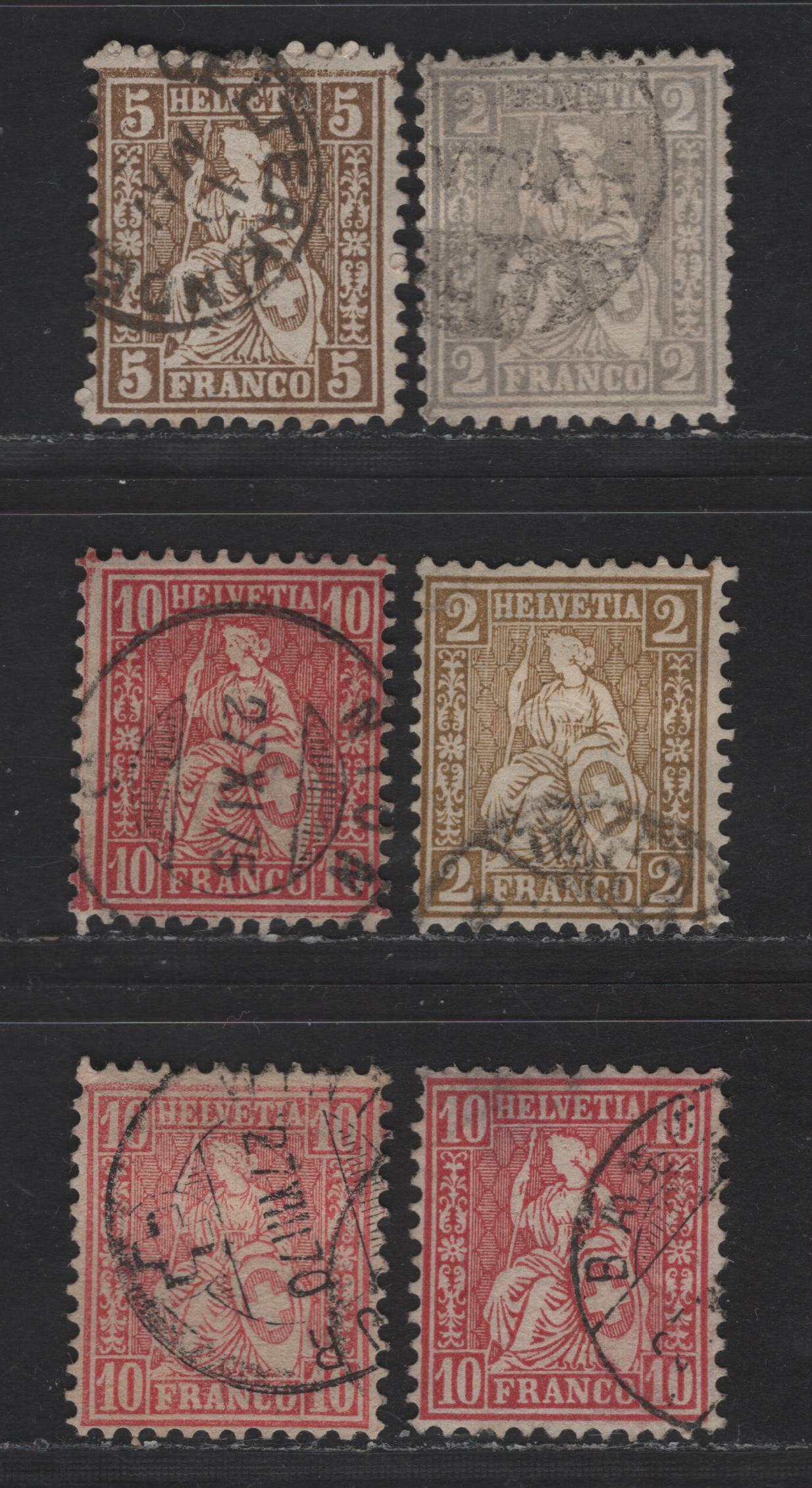 Lot 262 Switzerland SC#41, 43a, 52-53 2c - 10c Gray - Rose Seated Helvetia, 1862-1878 Seated Helvetia Issue, 6 Fine Used Singles, Three Shades Of The 10r