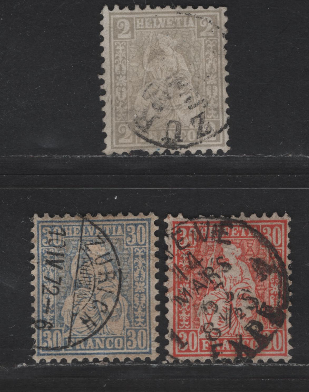 Lot 263 Switzerland SC#41, 46, 56 2c - 30c Gray - Ultramarine Seated Helvetia, 1862-1878 Seated Helvetia Issue, 3 Very Good Used Singles, Pulled Perfs On 2c & 30c, Horizontal Crease On 30c