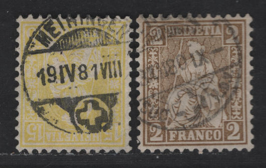 Lot 267 Switzerland SC#52, 54 2c & 15c Bistre Brown - Lemon Seated Helvetia, 1867-1878 Seated Helvetia Issue, 2 Fine/Very Fine Used Singles, Checked Cancel Against Other Known Cancellations From The Period & Looks Good