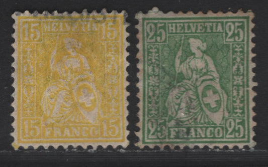Lot 268 Switzerland SC#63, 65 25c & 15c Green & Lemon Seated Helvetia, 1881 Seated Helvetia Issue, 2 Very Fine Used Singles, Dubious Cancels, Granite Paper, Counted As Mint